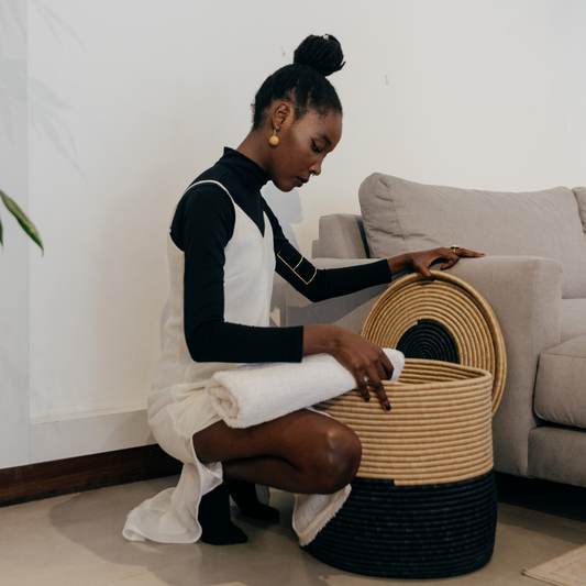 Black and Natural Beige Storage Basket with Lid