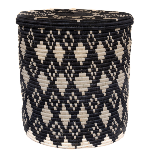 Imigongo Diamond Black and Natural Beige Woven Storage Basket with Lid