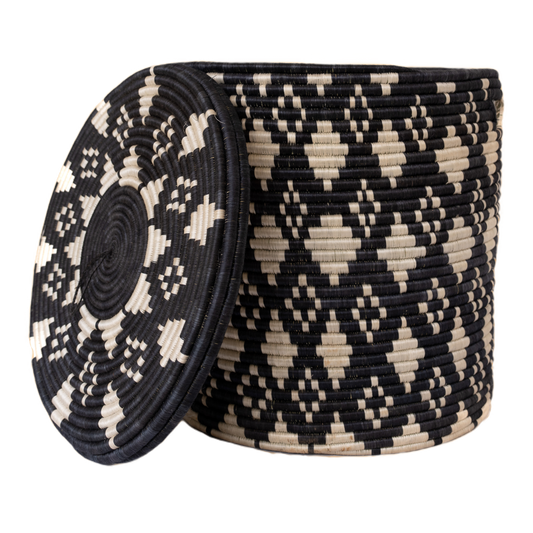 Imigongo Diamond Black and Natural Beige Woven Storage Basket with Lid