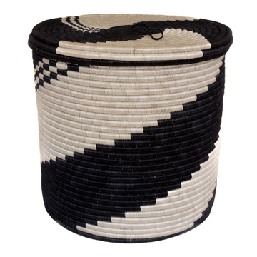 Imigongo Swirl Black and Natural Beige Woven Storage Basket with Lid