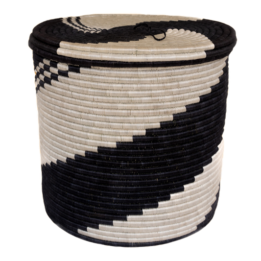 Imigongo Swirl Black and Natural Beige Woven Storage Basket with Lid