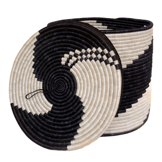 Imigongo Swirl Black and Natural Beige Woven Storage Basket with Lid
